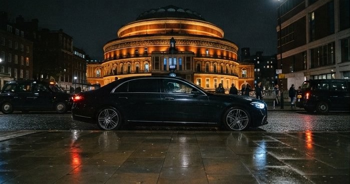 24 Hour Chauffeur Service London – Mercedes S-Class at Royal Albert Hall at night