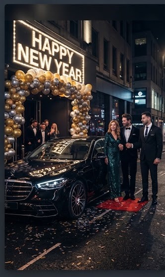 Chauffeur Service for New Year Events – Chauffeur opening door for guests at New Year celebration
